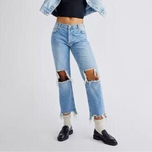 Free People We The Free Distressed Button-Fly Maggie Straight Jeans Size 24